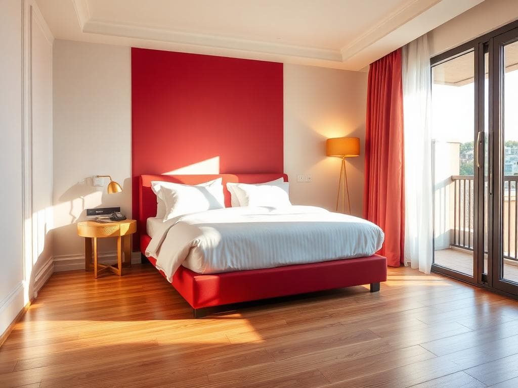 AC room with crimson accent wall